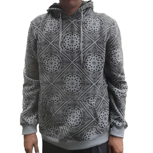 Mens Bandana Print Grunge Hoodie Pullover Grey Printed Sweatshirt - Picture 2 of 4